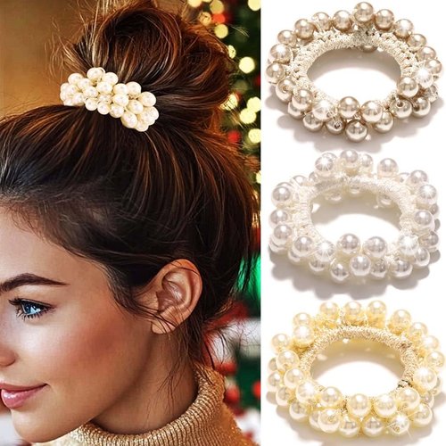 Fashey Pearl Hair Tie Beige Beaded Ponytail Holder Pearls Hair Scrunchies 3 Pcs Hair Accessories for Women (Beige)