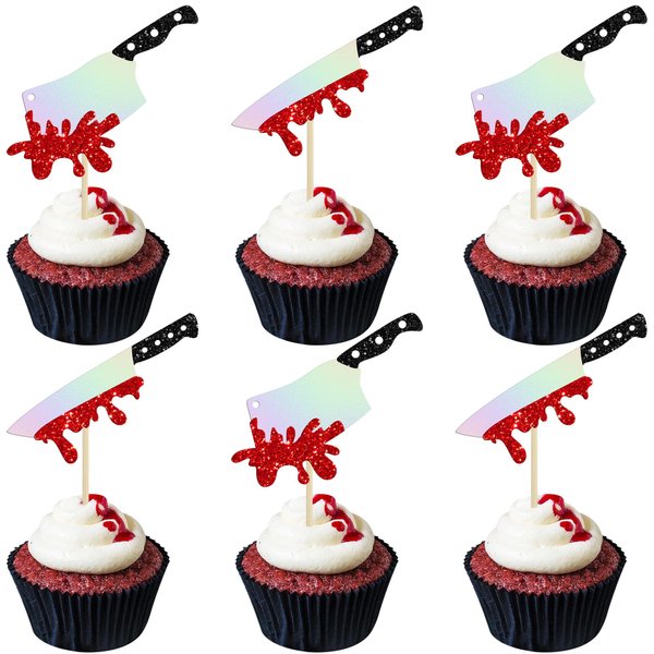Gyufise 24Pcs Halloween Cupcake Toppers Glitter Horror Blood Knife Cupcake Picks Killer Birthday Cake Decorations for Halloween Blood Knife Theme Birthday Party Supplies