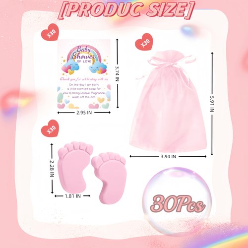 30 Sets Baby Shower Favors Refreshing Foot Soap Perfect Baby Shower Favors for Guests, Gifts, and Prizes with Organza Bags Thanks Cards (Pink)