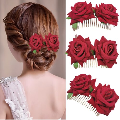 Rose Hair Side Comb Flannelette Bride Hair Comb Accessory Simulation Flower Hair Clip for Women Red