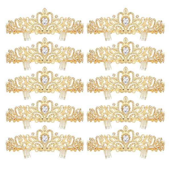 BBTO 10 Pcs Crystal Tiara and Crowns for Women Girls Princess Rhinestone Crown Queen Headband with Combs Bride Crown Tiara for Birthday Party Wedding Prom Hair Accessories (Gold)