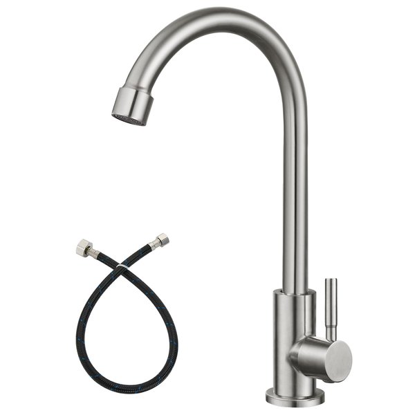 Heyalan Brushed Nickel Kitchen Faucet Cold Water Only 1 Hole Single Handle 360 Degree Swivel Spout Deck Mount High Arc SUS304 Sink Bar Tap Goose Neck with Hose and longer thread pipe