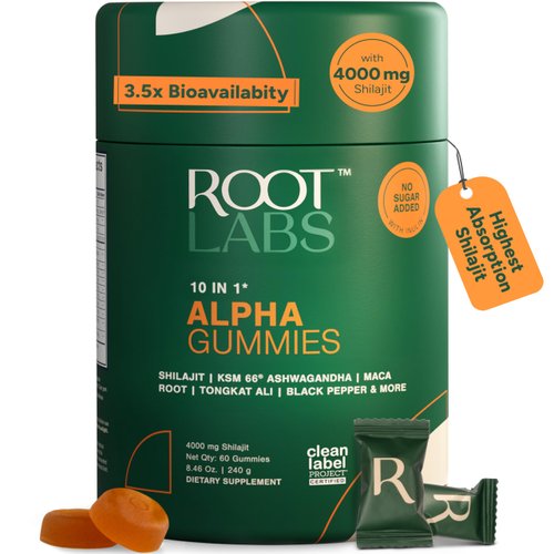 ROOT LABS 10-in-1 Alpha Shilajit Gummies | 4000 mg Pure Himalayan Shilajit, Tongkat Ali, Maca Root, 75% Fulvic Acid | ShilAbsorb Bioavailability Tech | Sugar-Free Vegan, 85+ Trace Minerals | 60 Pack