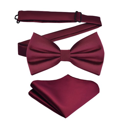 Branduce Mens Burgundy Bow Tie and Pocket Square Set for Wedding Silk Wine Red Pre-tied Bow tie Handkerchief (BB01-01)