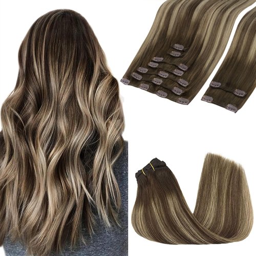 GOO GOO Clip in Hair Extensions Real Human Hair, 14inch 150g 9Pcs, 4/26/4 Balayage Chocolate Brown to Honey Blonde, Remy Human Hair Extensions Clip ins for Women, Natural Human Hair