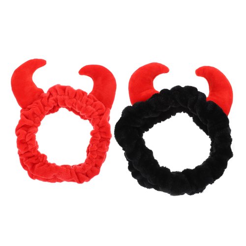 Beaupretty 2 Pack Spa Headband for Women, Devil Horns Facial Headband Face Wash Headband Makeup Cosmetic Shower Soft Hair Band (Black, Red)