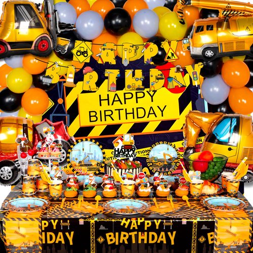 HJINGY 175 PCS Construction Birthday Party Supplies, Construction Party Decorations with Dump Truck Party Decorations Kits Set, Balloons, Tablecloth, Backdrop, Cake Toppers, Paper Plates and Napkins