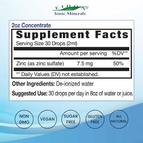 Eidon Ionic Minerals Liquid Zinc Concentrate - Ionic Zinc Supplement Drops for Adults and Kids, Support Immune System, Hair and Skin, Liver and Kidney Health, Relieves Stress - 2 oz