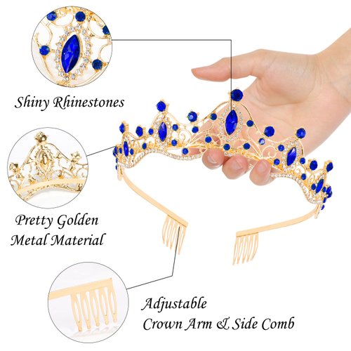 Didder Gold Blue Princess Crown Birthday Tiara Prom Queen Tiaras and Crowns for Women and Girls Bridal Wedding Headband with Combs Halloween Costume Hair Accessories