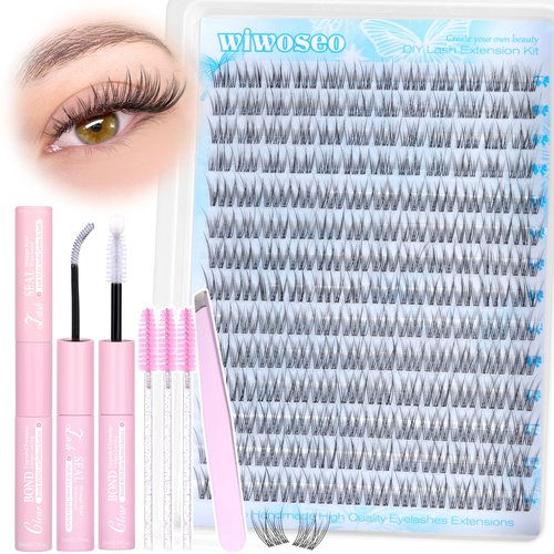 wiwoseo Clear Band Lash Extension Kit Natural Lash Clusters Kit Individual Lashes Kit with Clear Lash Bond and Seal Lash Glue 9-11MM Invisible Band Eyelash Extension Kit Cluster Eyelash Extensions Kit