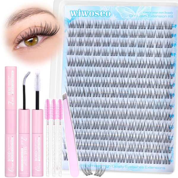 wiwoseo Clear Band Lash Extension Kit Natural Lash Clusters Kit Individual Lashes Kit with Clear Lash Bond and Seal Lash Glue 9-11MM Invisible Band Eyelash Extension Kit Cluster Eyelash Extensions Kit