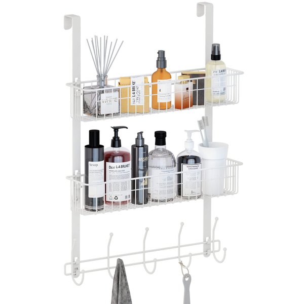 LUCYCAZ Over The Door Hooks Organizer, Door Hanger Towel Rack with 10 Coat Hooks & 2 Mesh Basket Over The Door Shelf, Back of Door Storage Organizer for Barthroom Kitchen Hanging Towel Clothes (White)