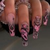 Halloween Press on Nails Long Coffin Fake Nails Pink Glitter False Nails with Designs Cute Ghost Heart Flame Spider Glue on Nails Full Cover Acrylic Nails Stick on Nails for Women 24pcs
