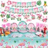 Buryeah 179 Pieces Flamingo Birthday Party Supplies Tropical Hawaiian Party Decorations for Girls Kids Included Banner Tablecloths Hanging Swirls Plates Napkins Cups Forks Spoons Knife for 24 Guests