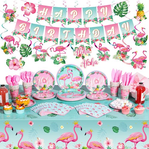 Buryeah 179 Pieces Flamingo Birthday Party Supplies Tropical Hawaiian Party Decorations for Girls Kids Included Banner Tablecloths Hanging Swirls Plates Napkins Cups Forks Spoons Knife for 24 Guests