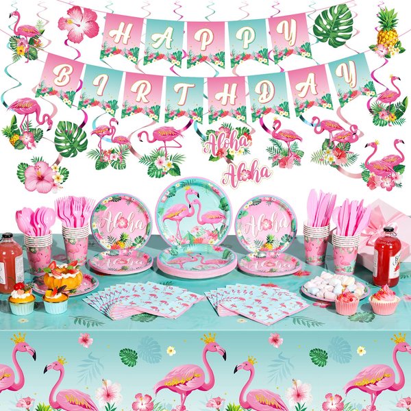 Buryeah 179 Pieces Flamingo Birthday Party Supplies Tropical Hawaiian Party Decorations for Girls Kids Included Banner Tablecloths Hanging Swirls Plates Napkins Cups Forks Spoons Knife for 24 Guests
