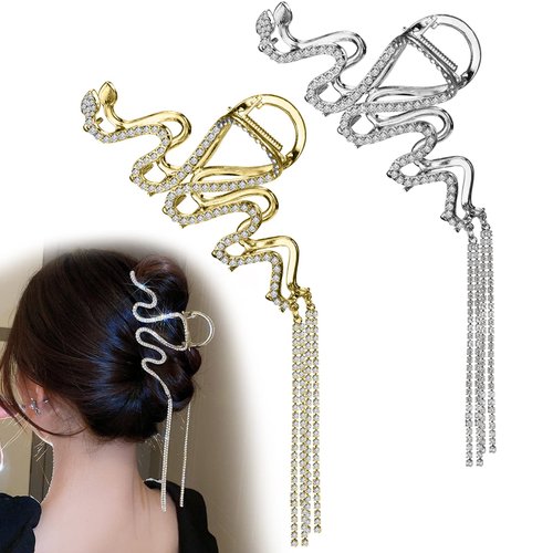Juome 2Pcs Hair Claw Clips for Women, Metal Silver Gold Snake Claw Clips for Thick Hair, Rhinestone Hair Jaw Clips with Glitter Tassel, Hair Accessories for Women