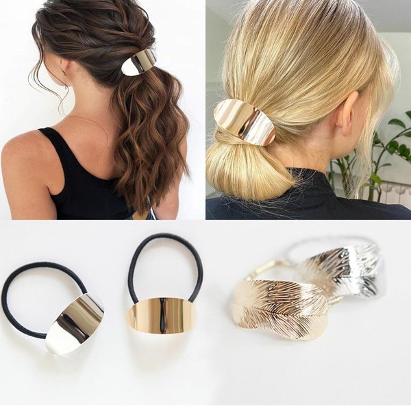 Generic Hair Elastic Rope Metal Circle Ponytail Cuff Mixed 4 PCS for Women and Girls Accessories Decorative Hair Ropes Stretch Bands 2 Styles Set