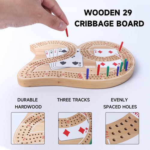 GSE Games & Sports Expert Wooden 3-Track 29 Cribbage Board Game with Plastic Pegs, Classic Three-Person Cribbage Board for Kids Adults Family Games