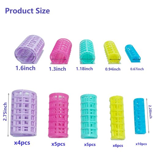 MOODKEY 30PCS Plastic Hair Rollers Set, Heatless Curler Hair Rollers Hair Curlers Snap on Rollers Self Grip Rollers Hairdressing Curlers Tools for DIY Hairdressing Hair Salon (5 Size,purple brush)