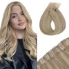 Sunny Hair Beaded Weft Hair Extensions Human Hair 50G Micro Bead Weft Hair Extensions Real Human Hair Straight Weft Hair Extensions with Micro Beads Easy Weft Golden Blonde with Blonde 14 inch