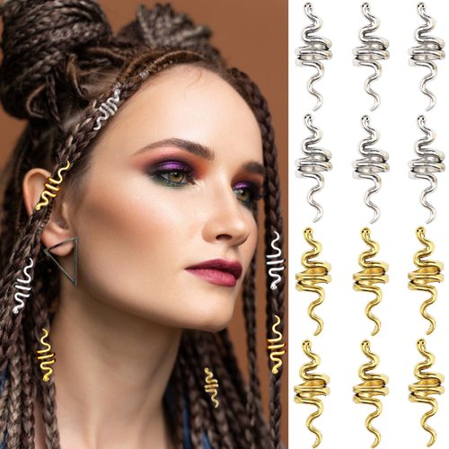 NAISKA 12PCS Loc Snake Hair Braid Jewelry for Women Braids Serpent Dreadlock Accessories Gold Silver Braid Coils Hair Clips Rings Cuffs Men Braids DIY Decoration