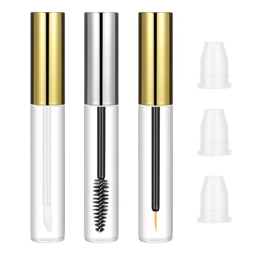 3 Pack Clear Mascara Tube with Wand, 10ml Empty Lip Gloss Tubes Empty Eyeliner Tube and Empty Mascara Tube with Leak Stopper Transparent Empty Lip Gloss Tubes for Castor Oil DIY Cosmetics(Gold+Silver)