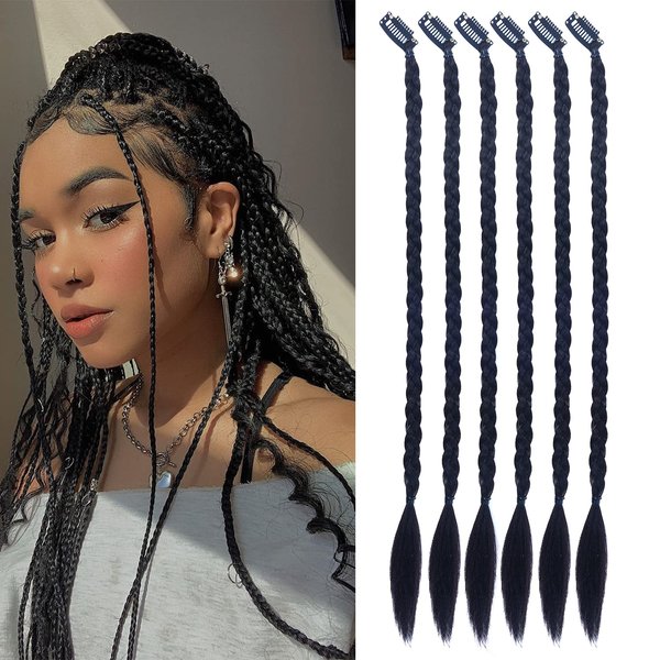 Baby Braid Hair Extensions 6 Pcs Baby Braids Front Side Bang Long Braided Ponytail Extension 18inch Clip in Hair Extensions Straight Synthetic Hairpieces Natural Soft Synthetic Hair (Black Brown)