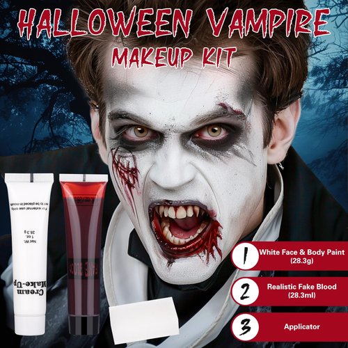 Halloween Vampire Makeup Kit with White Face & Body Paint, Fake Blood and Applicator SFX Makeup Set for Zombie Wounds Clown Cosplay Special Effects Makeup