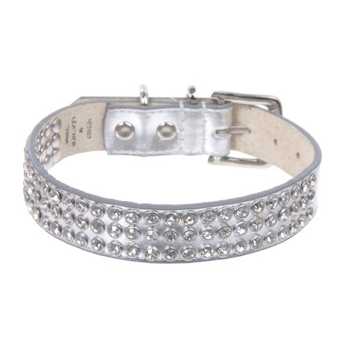 beltiscool 7/8" (22 mm) Leather Dog Collar with Clear Rhinestones Size: M: 11"-13" Neck Color: Silver