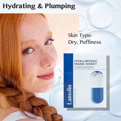 Lamelin Hyaluronic Niacinamide Sheet Mask, 10 Pack, Anti Aging Moisturizing Revitalizing Cucumber White Birch Extract Made In Korea