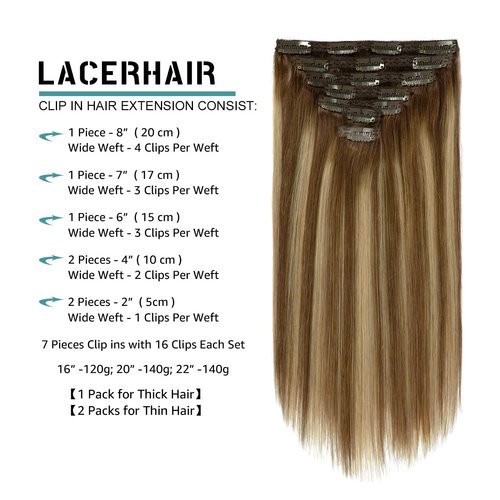 Lacer Hair Extensions Clip in Human Hair Ombre Chocolate Brown to Caramel Blonde with Brown Roots 120g 7pcs Remy Human Hair Extensions Clip in Real Natural Hair Extensions Straight 16 Inch