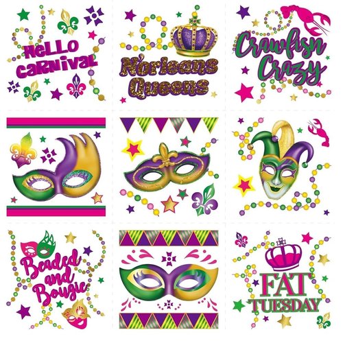 Cheerland 108 pcs Mardi Gras Temporary Tattoos Fat Tuesday Masquerade Party Carnival New Orleans Temp Tattoos Party Supplies