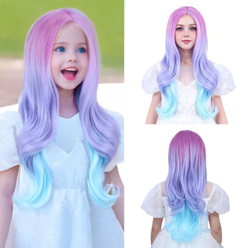 WAVELNM Kids Rainbow Wig Child Long Curly Wavy Wig Girls Colorful Middle Part Multicolor Wig Purple Mixed Wig Synthetic Wigs with Wig Cap
