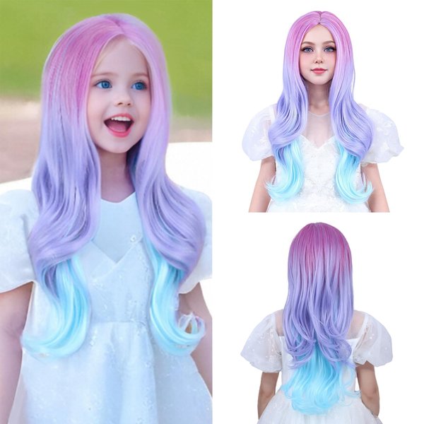 WAVELNM Kids Rainbow Wig Child Long Curly Wavy Wig Girls Colorful Middle Part Multicolor Wig Purple Mixed Wig Synthetic Wigs with Wig Cap
