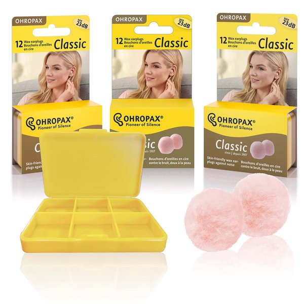 Ohropax Reusable Wax/Cotton Ear Plugs (36 Plugs Total)(1 Travel Carrying Case) - Ear Plugs for Sleeping Noise Cancelling, Swimming, Shooting Ear Protection, and a snoring Solution
