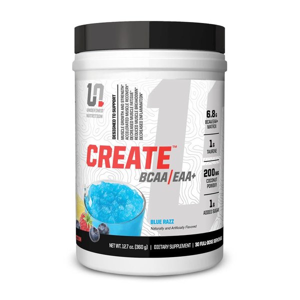 Undefined Nutrition Create BCAA/EAA+ by Brian Shaw -Muscle Recovery & Endurance, 6.8g BCAA/EAA Matrix -Full Spectrum BCAA + Essential Amino Acids Supplement – 30 Servings (127 oz, Blue Razz)