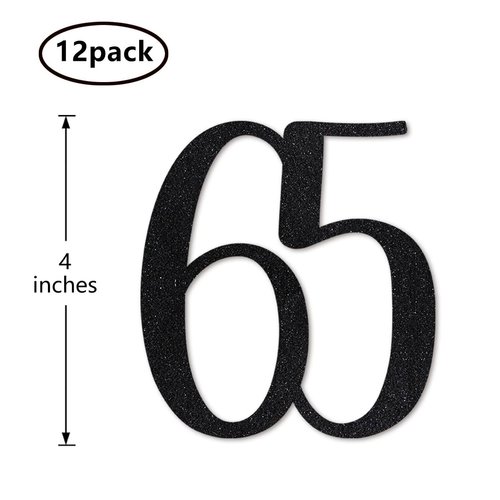 Black Glitter 65th Birthday Centerpiece Sticks, 12-Pack Number 65 Table Topper Anniversary Party Decorations