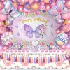 138PCS Butterfly Birthday Decorations for Girls, Butterfly Party Supplies Include Balloon Arch Butterfly Backdrop Foil Balloon 3D Butterfly Wall Decors Tablecloth Cake Topper Tassle