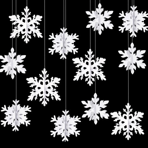 Snowflake Snow-White Christmas Party-Decorations Garland - 12Pcs 3D Winter Wonderland Frozen Hanging Streamers Banner,Baby Bridal Shower Birthday Wedding Classroom Decor Supplies Hugtmr