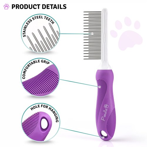 Poodle Pet Dog Combs for Grooming Matting - Metal Comb for Dogs with Long & Short Stainless Steel Teeth - Dematting Comb for Cats to Remove Matted Hair & Knots – Safe, Gentle Dogs & Cat Grooming Comb
