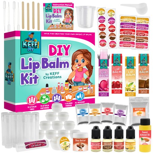 KEFF 51Pcs Lip Balm Making Kit - Make Your Own Lip Gloss Kit for Kids & Girls - Natural DIY Lip Gloss Making Kit Stuff for Teen Girls with Beeswax, Shea Butter, Flavor Oils, Mica Color Powders & More