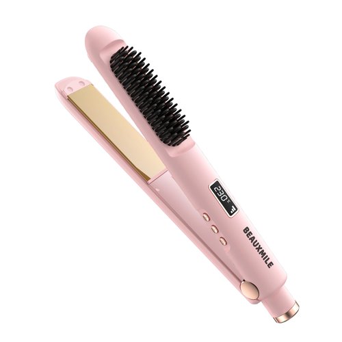 BEAUXMILE 1” Flat Iron with Straightening Comb, 2-in-1 Hair Straightener Brush for Styling and Frizz Control, 30+ Temps, Negative Ions Hair Care, Dual Voltage, for All Hair Types, Pink