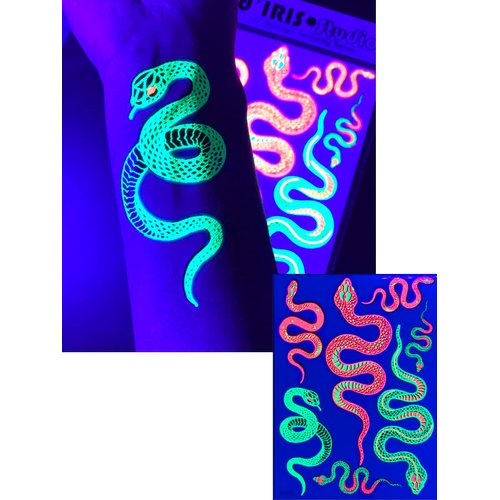 Temporary UV Reactive Tattoos – 1 Sheet Snake Design Body Paint Art Blacklight Festival Accessories Glow in the Dark Party Supplies | 7.2” x 5.2” Temp Great for EDM EDC Party Rave Parties