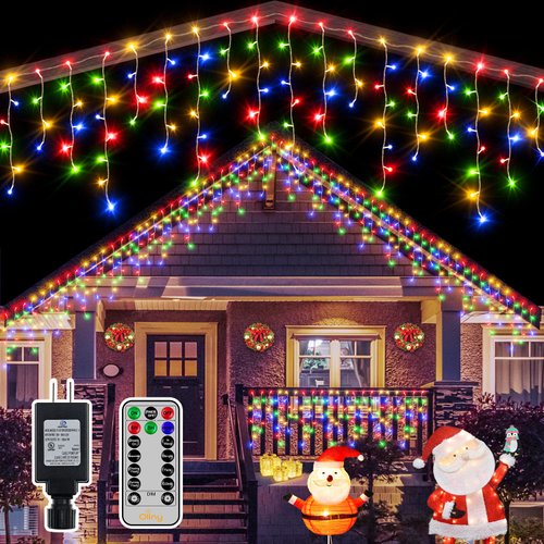 Ollny Icicle Lights Outdoor 486LED 40FT, Multicolor Christmas Light with 8 Modes Timers Remote Waterproof, Plug in Connectable Fairy String Lights for Outside Indoor House