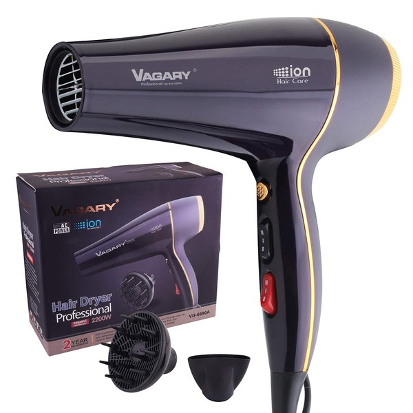 VAGARY 6690A Salon Pro Hair Dryer for Women,2200w Powerful AC Motor Fast Drying, Ionic Blow Dryer for Thick Hair,2 Speeds and 2 Heat Settings 1 Cool Shot Button(1 Diffuser and 1Concentrator)