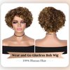 Hanne Fashion Short Curly Human Hair Wig for Black Women Mixed Brown Curly Bob Wigs Side Part Pixie Cut Wig Brazilian Remy Human Hair Non Lace Glueless Wigs (P4/27/30)
