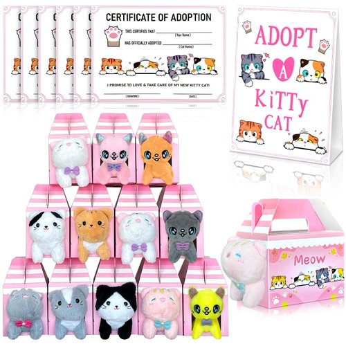 37 Pcs Adopt A Cat Party Favors Include 12 Foldable Kitten Boxes 12 Mini Stuffed Cat 12 Card 1 Stand for Adopt A Kitty Party Favors Cat Party Supplies Gifts