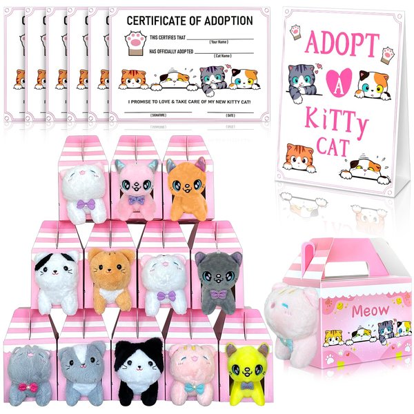 37 Pcs Adopt A Cat Party Favors Include 12 Foldable Kitten Boxes 12 Mini Stuffed Cat 12 Card 1 Stand for Adopt A Kitty Party Favors Cat Party Supplies Gifts