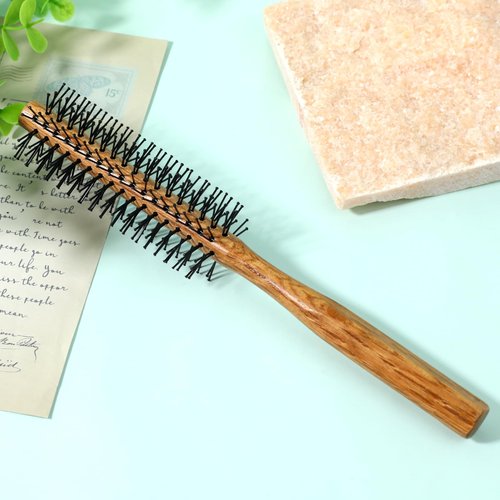 Ball-Tipped Round Hair Brush with Wooden Handle and Nylon Bristles for Short Hair, Bangs, Men's Beards, and Blow Drying